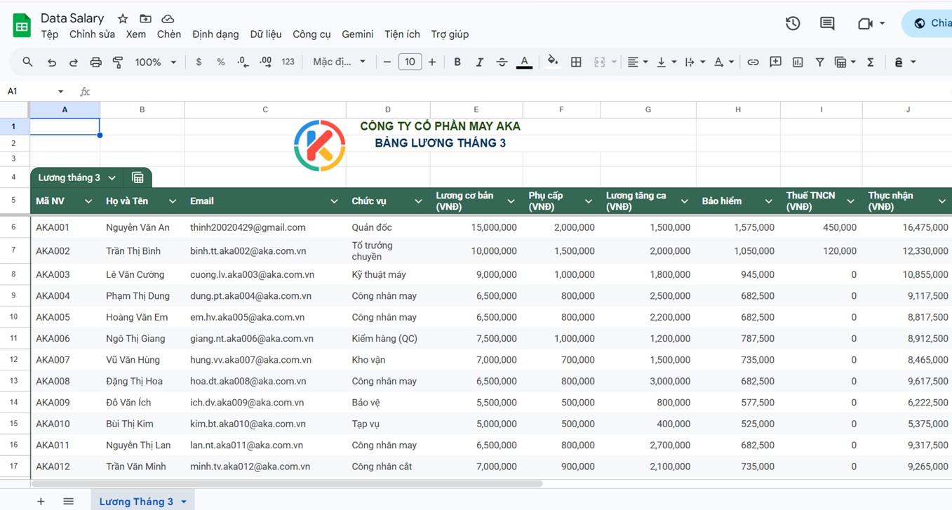 Giao diện Google Sheet bảng lương
