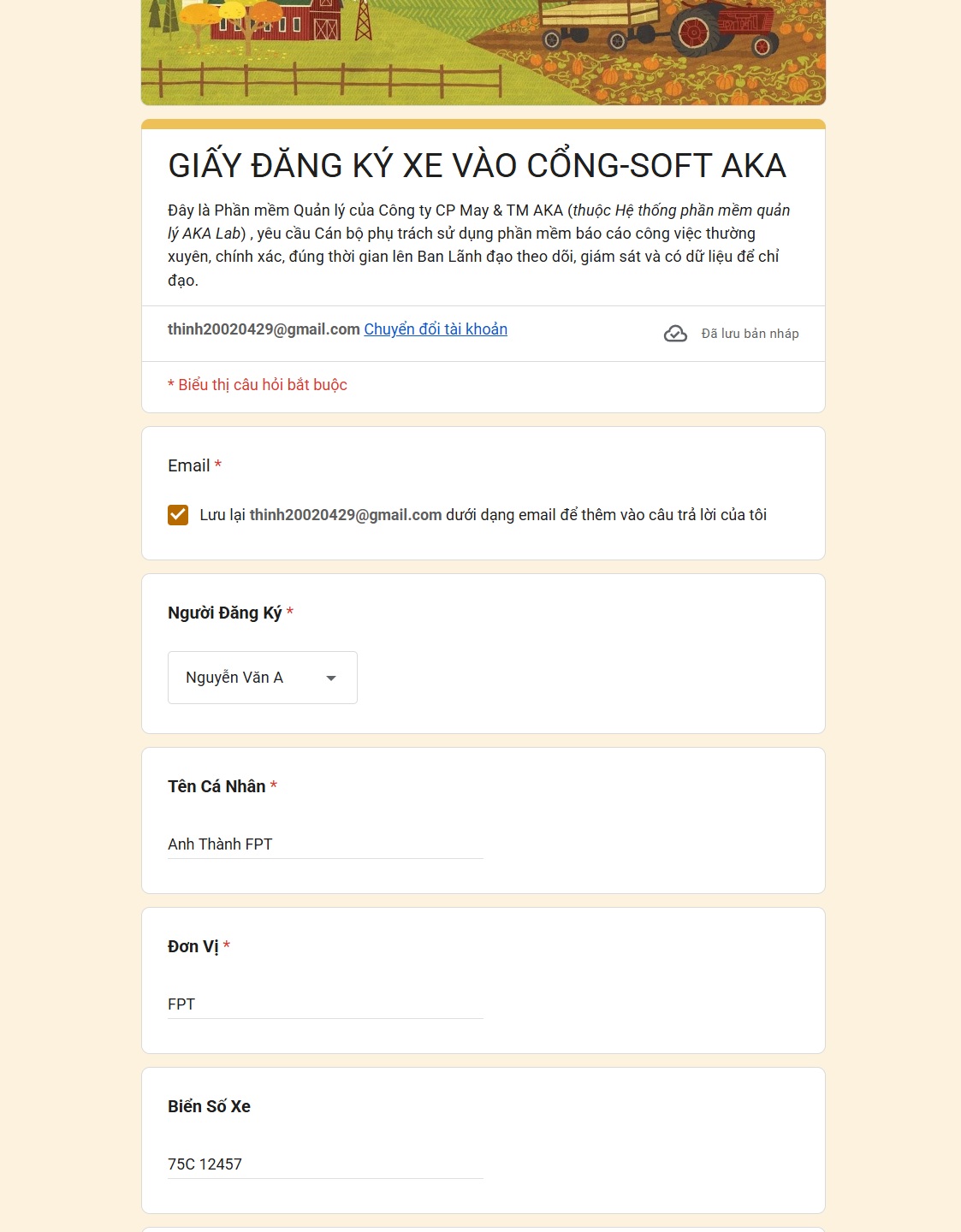 Form đăng ký xe vào cổng