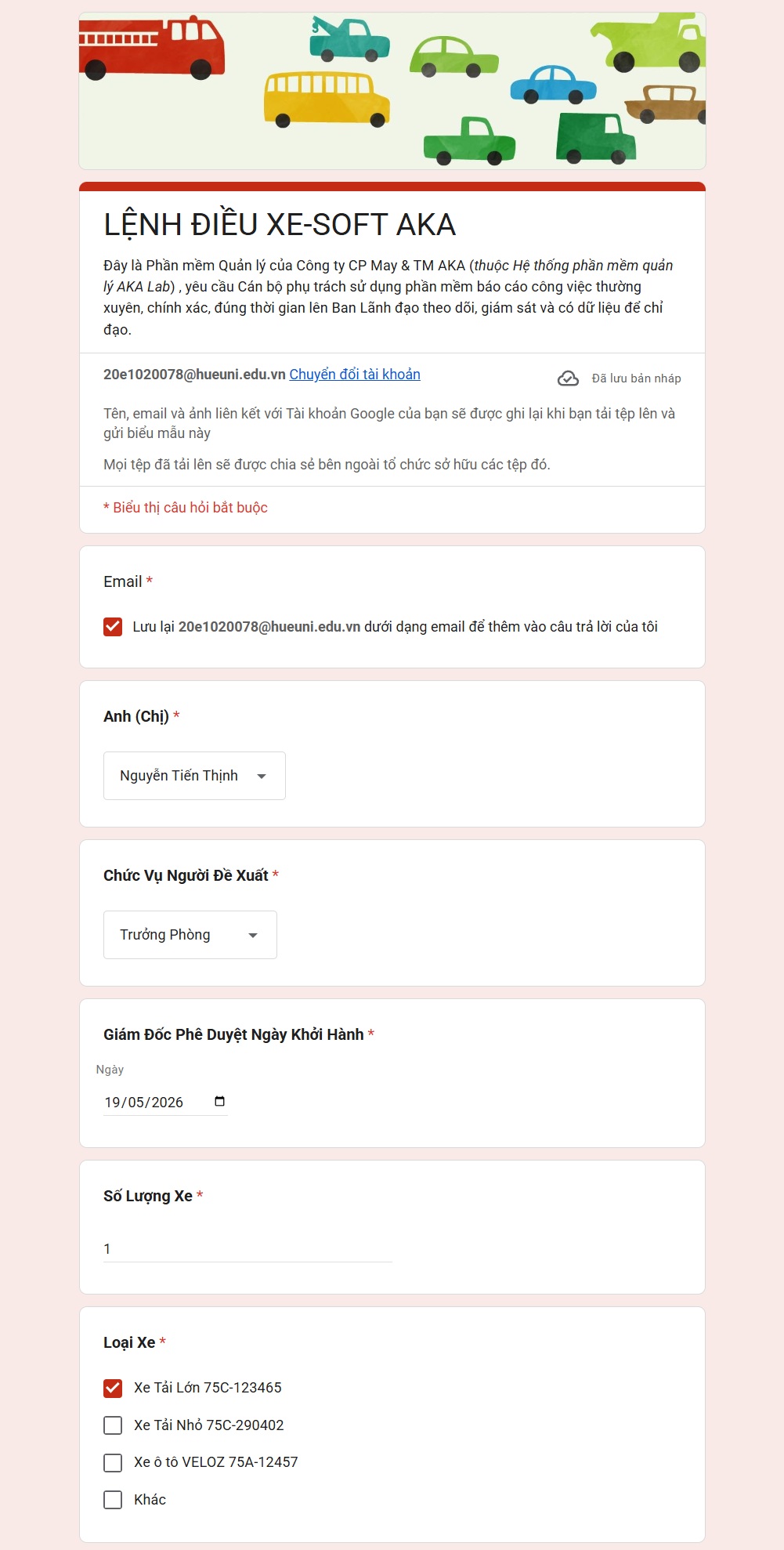Google Form Điền Lệnh Điều Xe