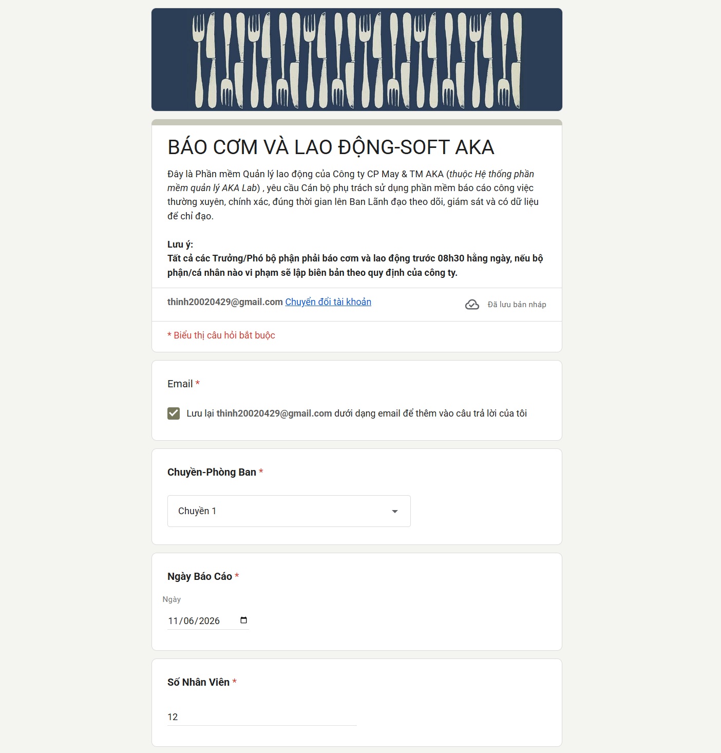 Giao diện Form Báo Cơm