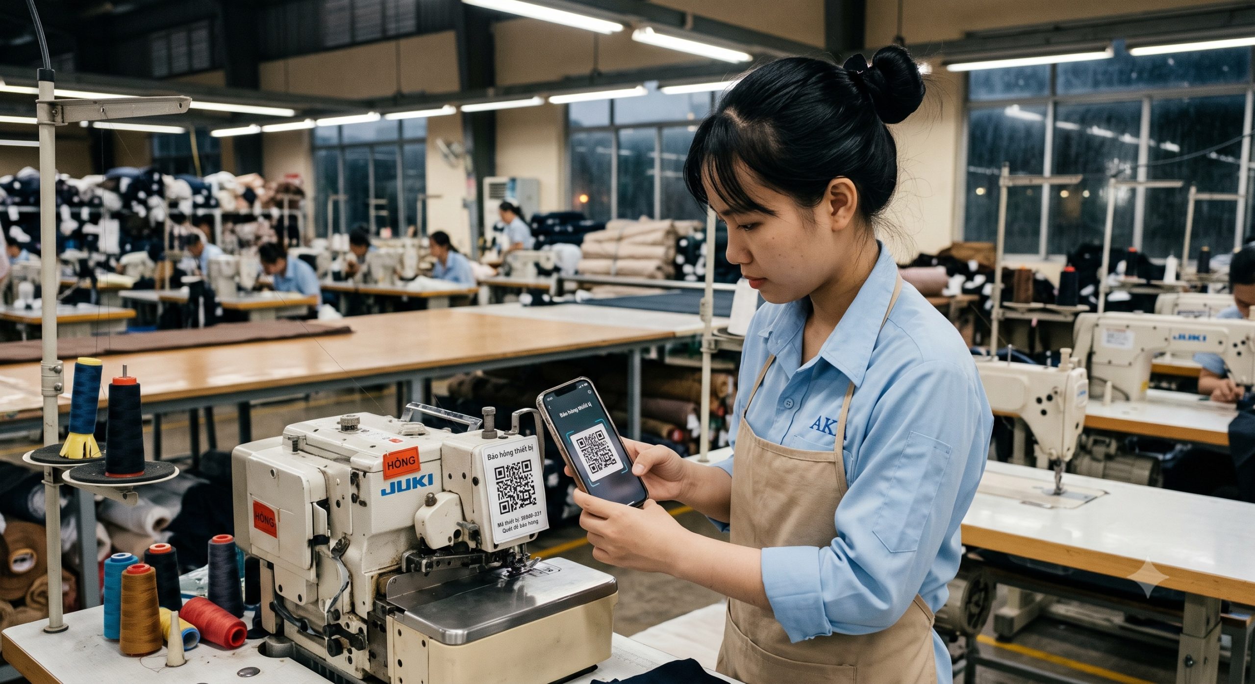Công nhân quét mã QR báo hỏng